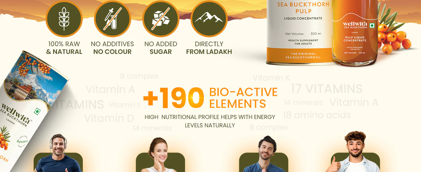 Wellness product packaging with health benefits and people promoting it.